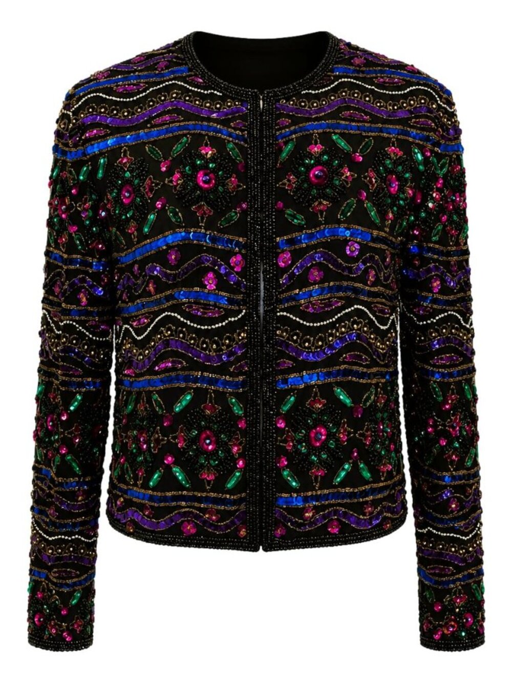 Vintage 80s Handmade Black Beaded Sequin Floral Evening Jacket Medium